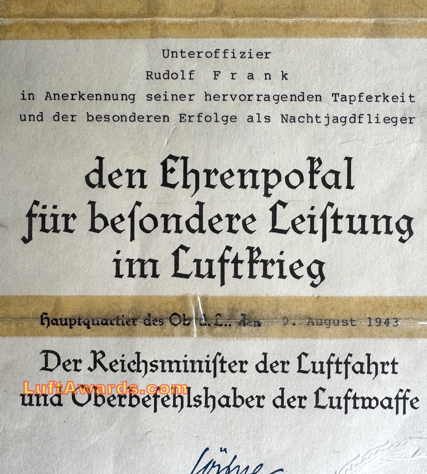 Z NFS Honor Goblet Document to RK with Oaks Winner Nachtjagdgeschwader CONTROVERSIAL