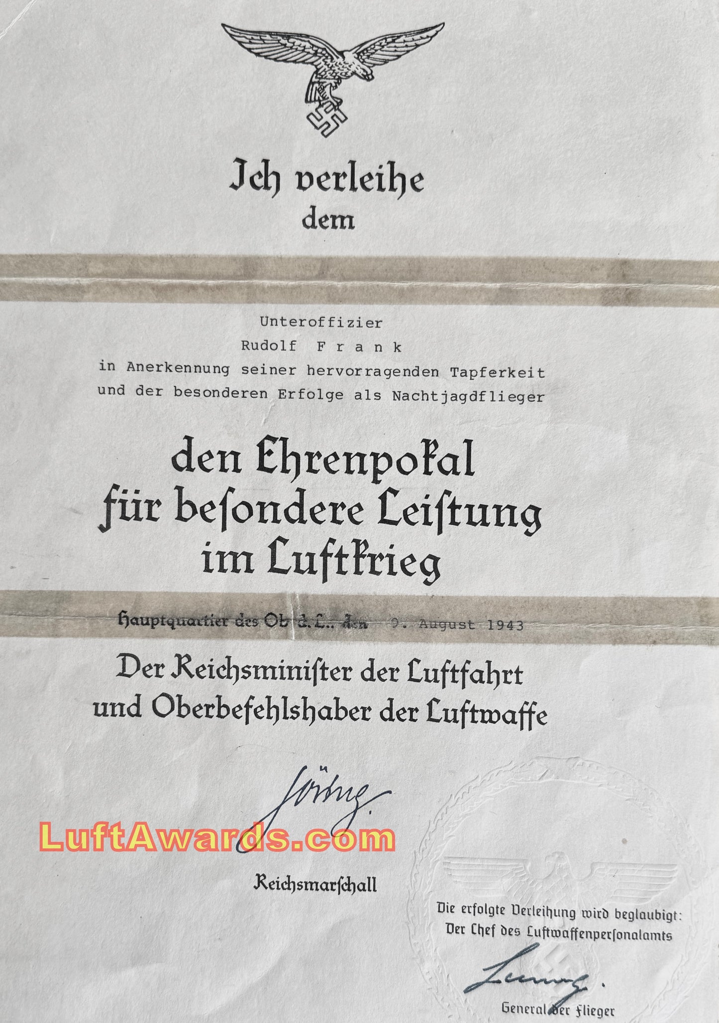 Z NFS Honor Goblet Document to RK with Oaks Winner Nachtjagdgeschwader CONTROVERSIAL